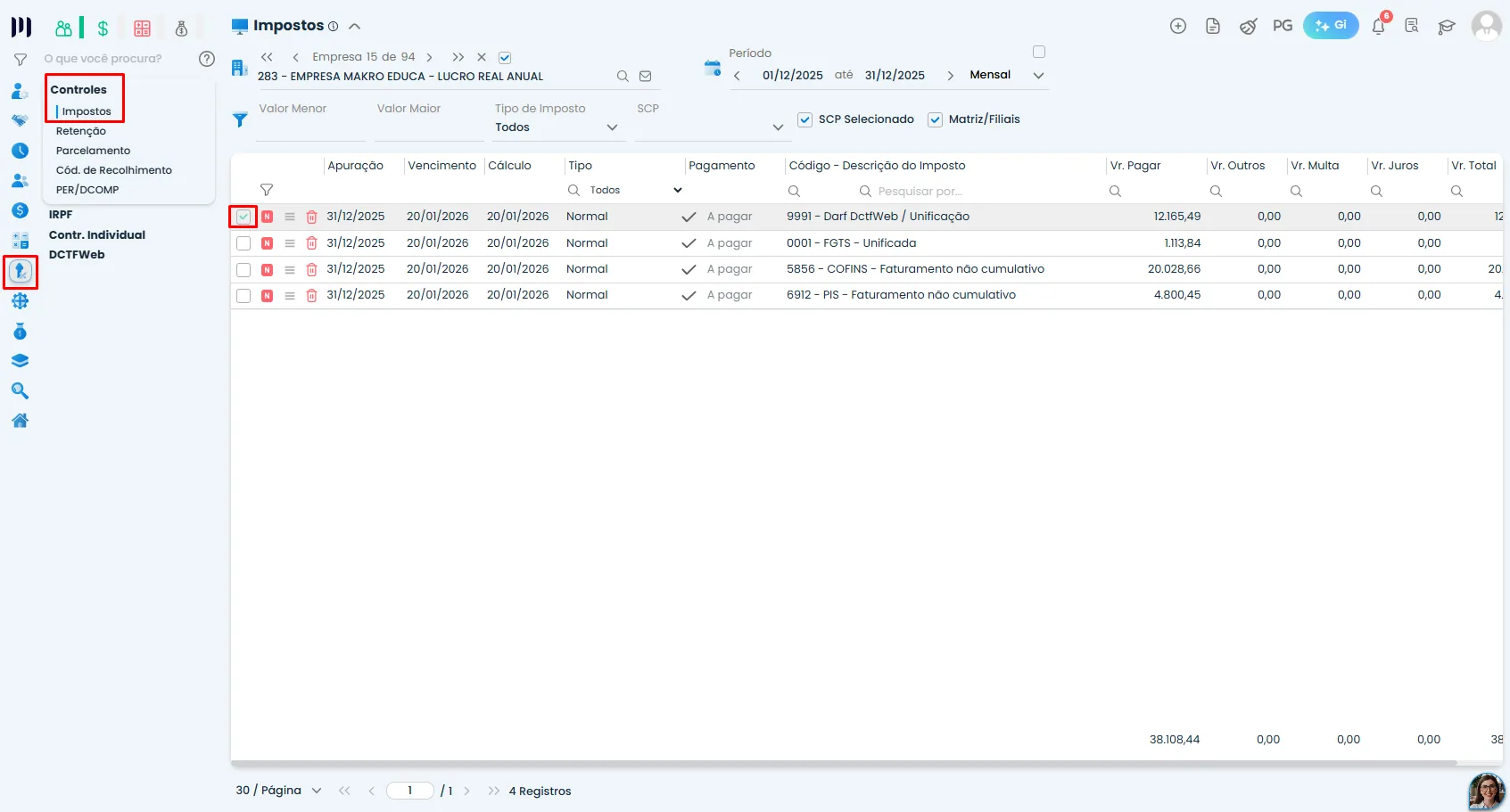 Tela de Impostos do Sistema Contábil Makro com guia selecionada para localizar a DCTF parcial e acessar o DARF para baixa do tributo.