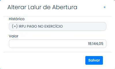 Tela do Sistema Contábil Makro destacando a linha Prejuízos de Exercícios Anteriores para informar saldo no Lalur de Abertura.