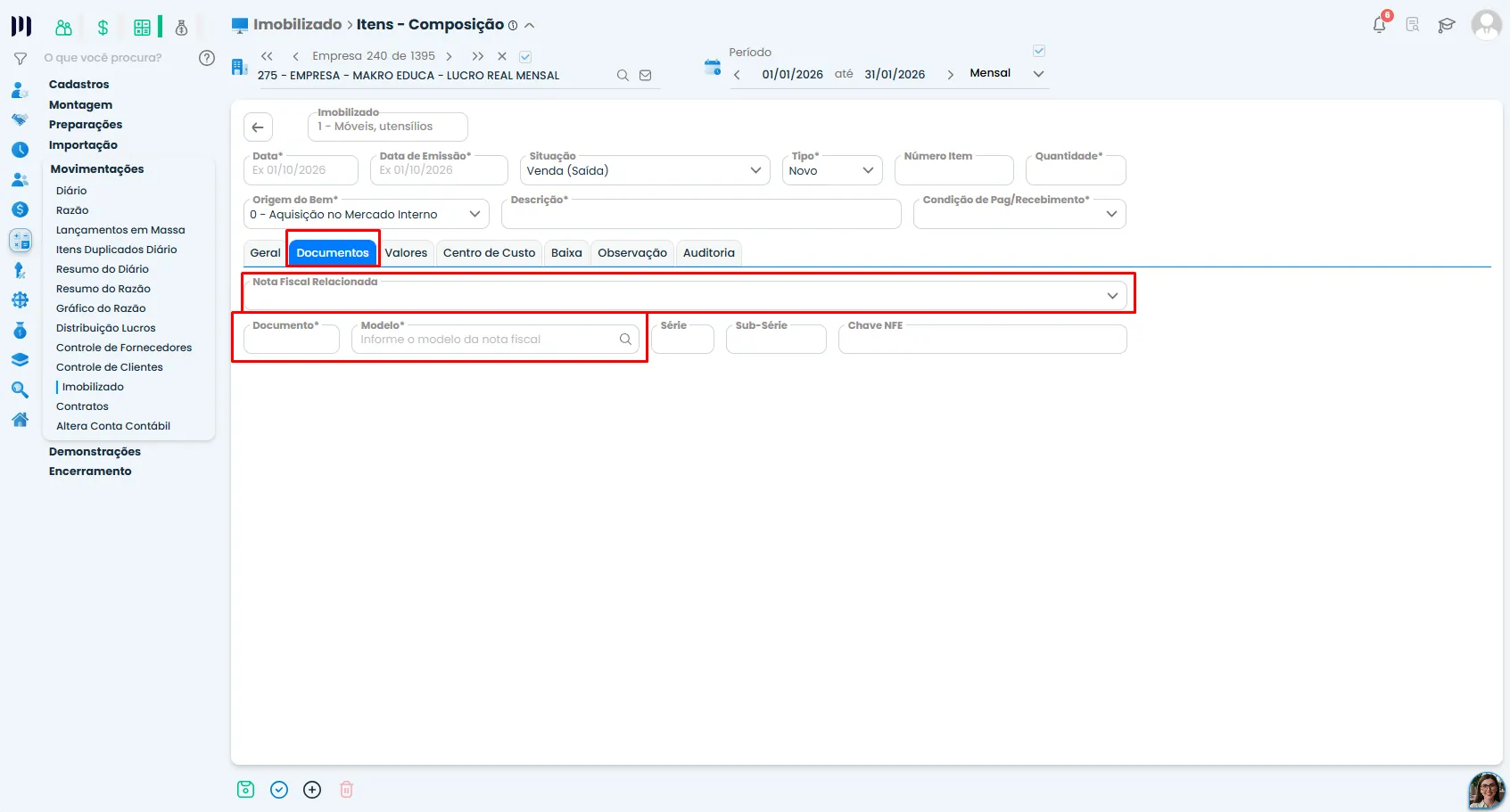 Aba Documentos do Sistema Contábil Makro com campos de nota fiscal, documento e modelo usados na venda de imobilizado com mais de um item.