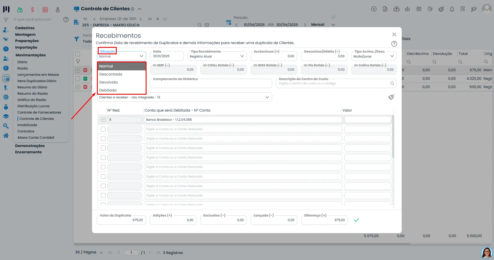 Janela de recebimentos do Sistema Contábil Makro com opções de situação destacadas em vermelho para processar Duplicatas em massa.