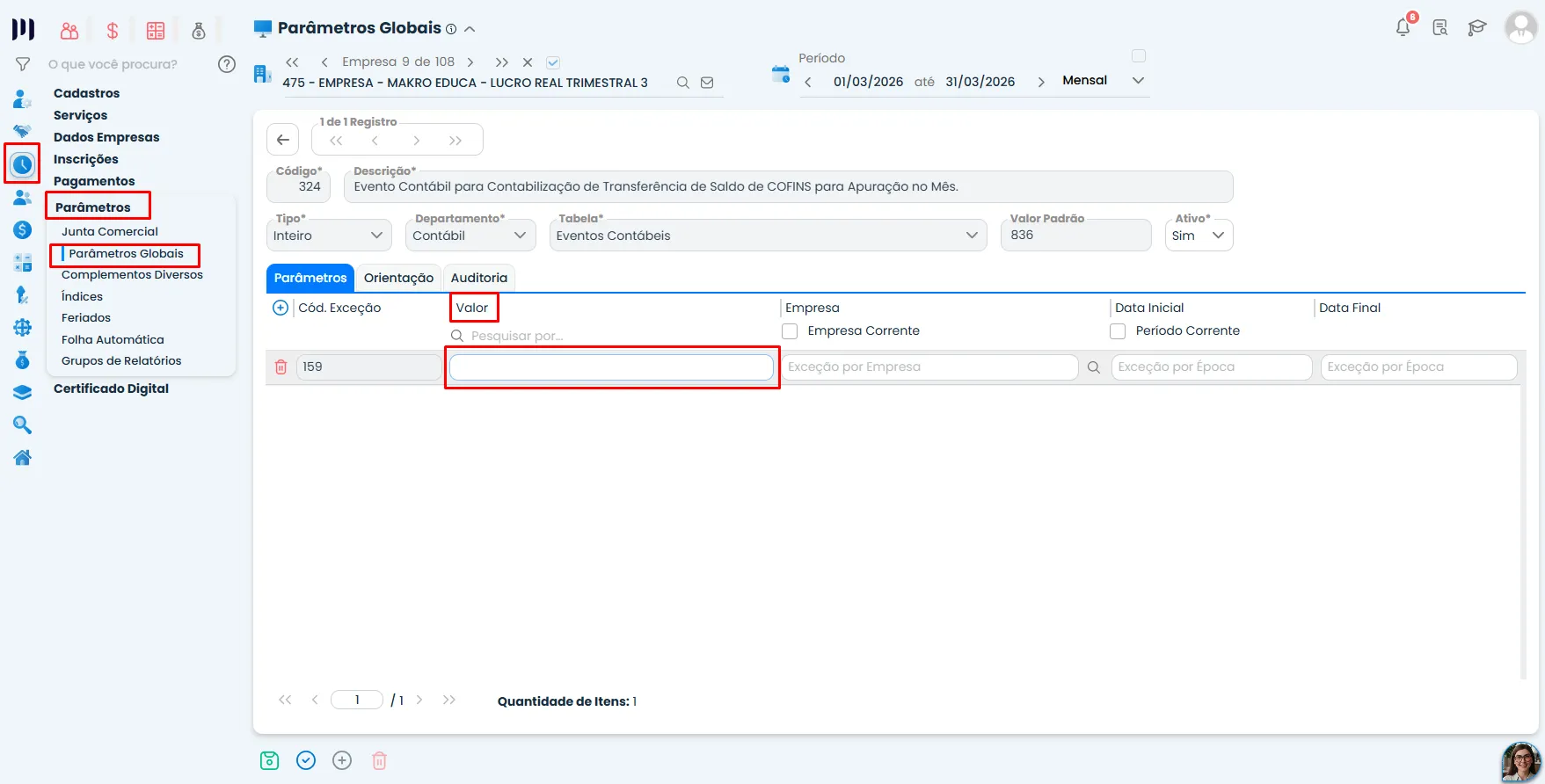 Tela do Sistema Contábil Makro exibindo o cadastro do Parâmetro 324, com a aba Parâmetros aberta e o campo Valor destacado para configuração.