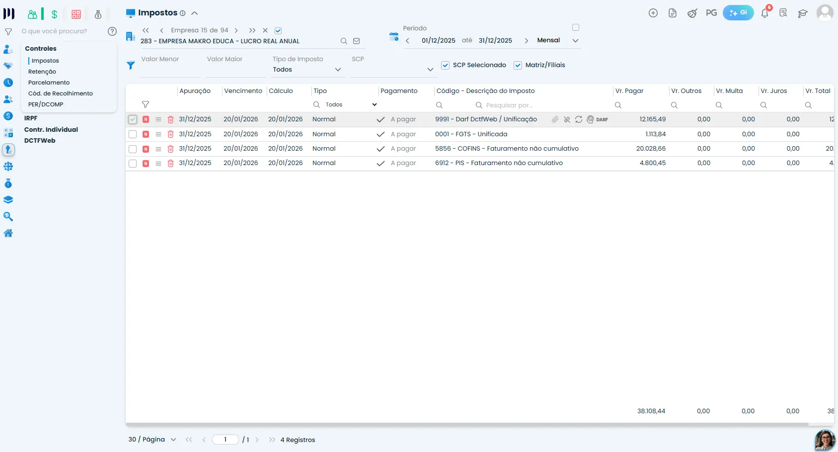 Tela do Sistema Contábil Makro mostra a guia de impostos com opção DARF destacada para consultar os tributos vinculados à DCTF parcial.