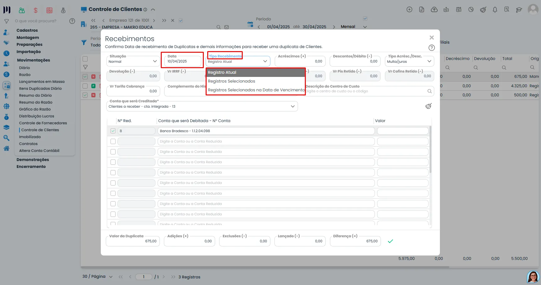 Janela do Sistema Contábil Makro com campos de data e tipo de recebimento destacados em vermelho para configurar Duplicatas em massa.