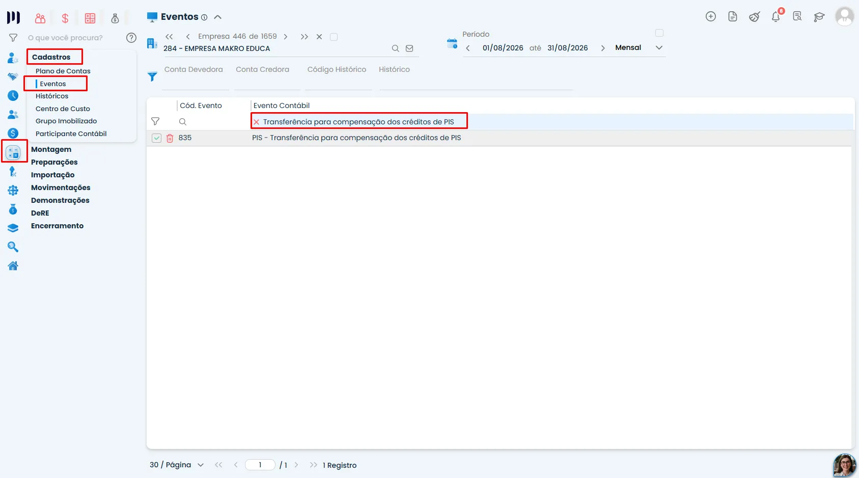Tela de Eventos do Sistema Contábil Makro, com destaque para o evento de compensação dos créditos de PIS, utilizado na configuração do Parâmetro 323.