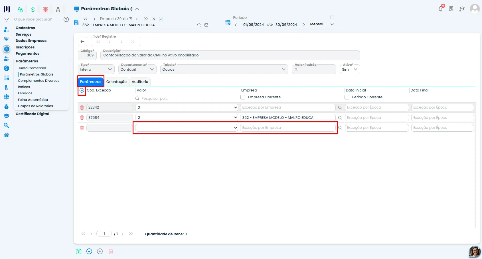 Tela do Sistema Contábil Makro com campos de Valor e Empresa destacados para configurar o CIAP Ativo Imobilizado conforme a contabilização desejada.