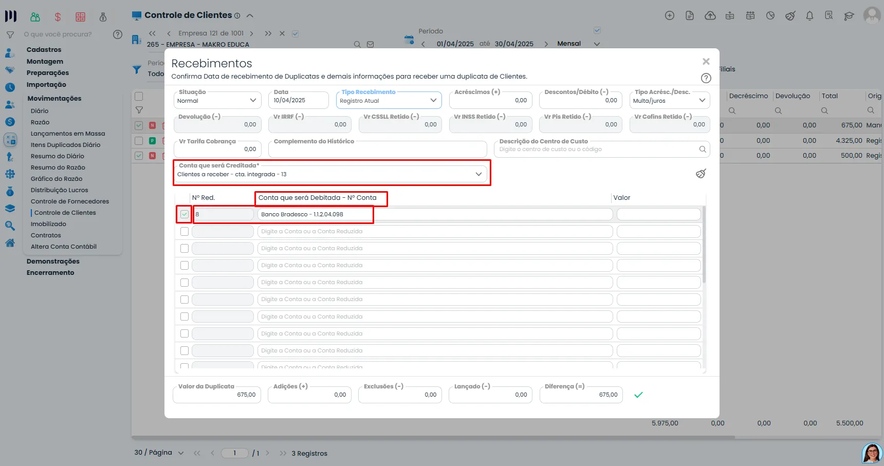 Tela do Sistema Contábil Makro com conta de crédito e registro selecionado destacados em vermelho para confirmar Duplicatas em massa.