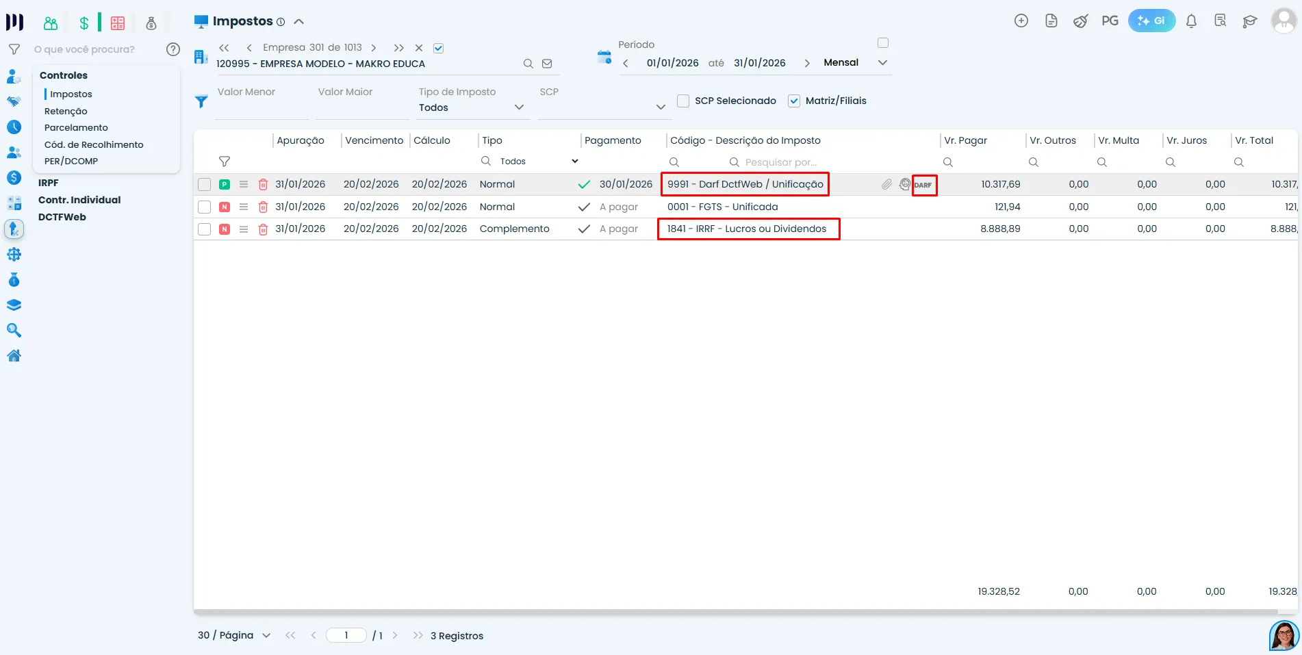 Tela do Sistema Contábil Makro com códigos de impostos e retenções destacados para conferir o IRRF referente à Distribuição de Lucros antes do pagamento.