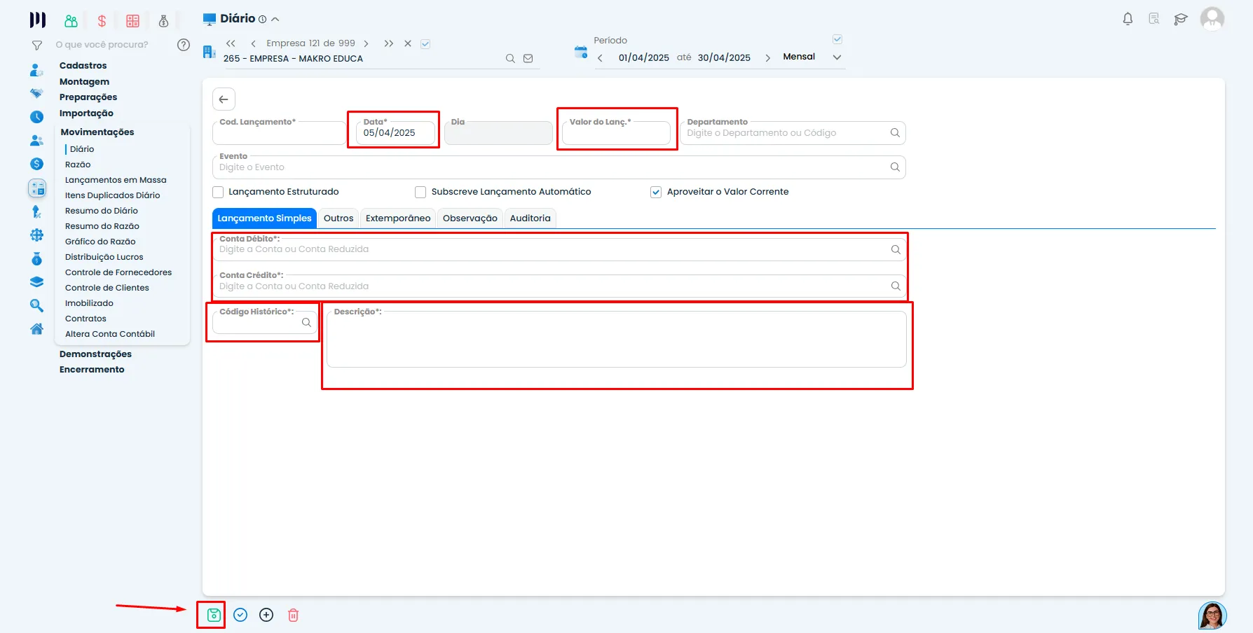 Tela do Sistema Contábil Makro com campos destacados para data, valor, contas e histórico do lançamento, permitindo testar o Parâmetro 309.