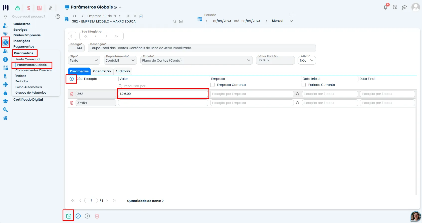 Tela do Sistema Contábil Makro exibindo o cadastro do Parâmetro 143, com campo Valor destacado para informar a conta contábil do Ativo Imobilizado.