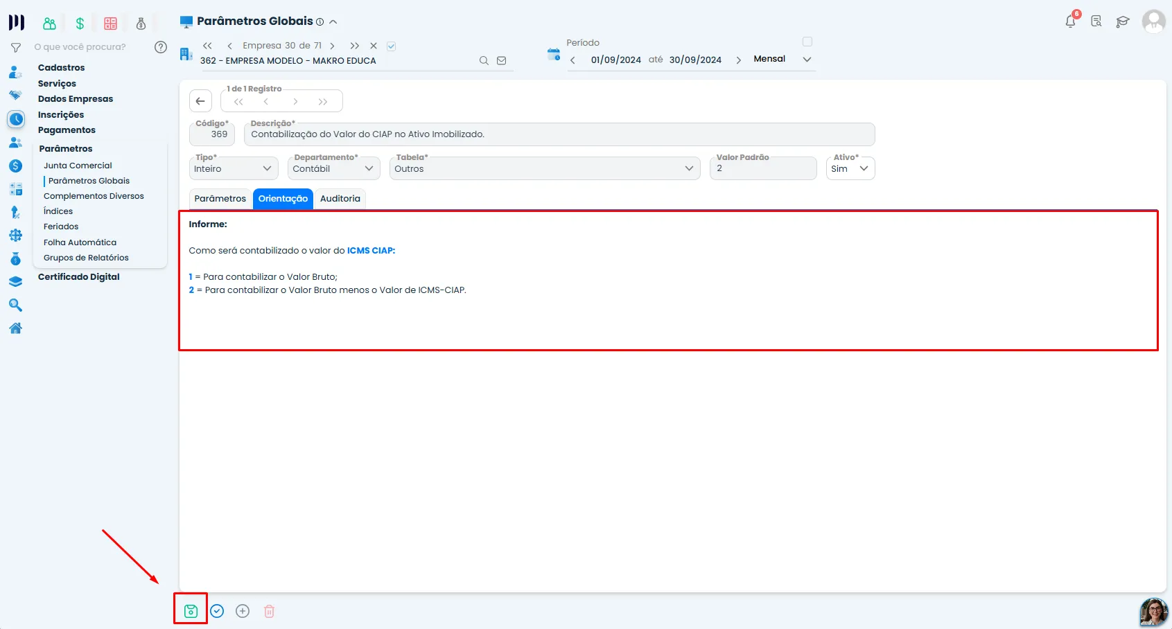 Tela do Sistema Contábil Makro na aba Orientação, exibindo as opções de contabilização do CIAP Ativo Imobilizado e o botão para salvar o registro.