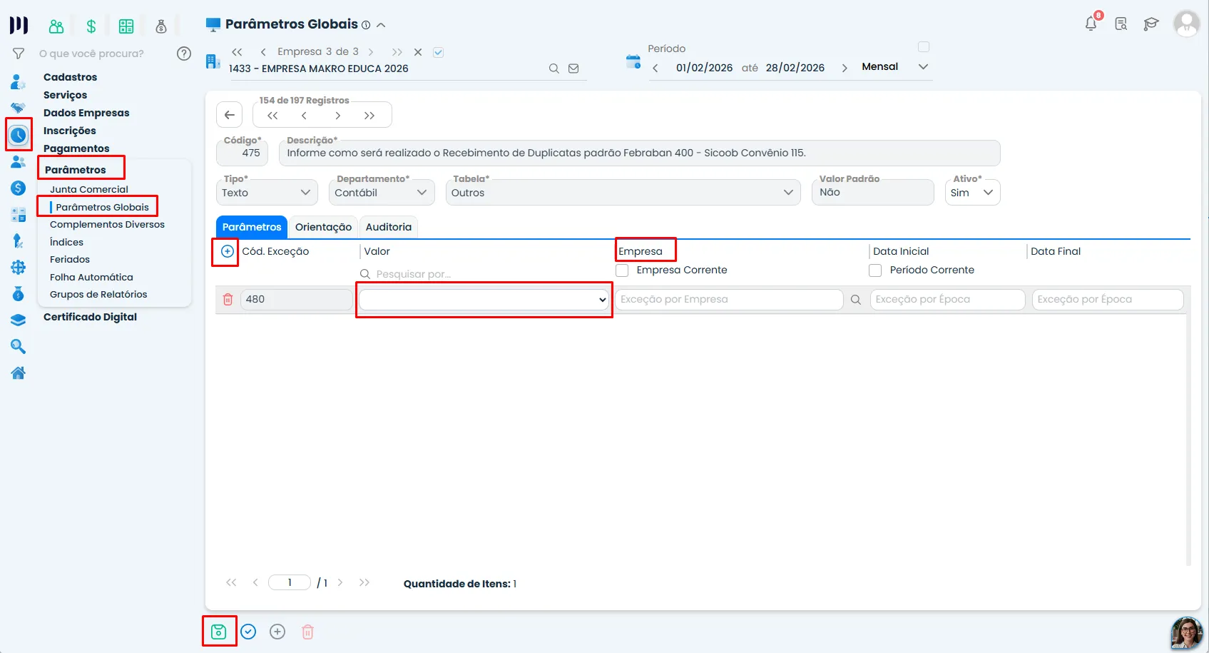 Tela de edição do Sistema Contábil Makro mostra o Parâmetro 475 com campos Código, Valor, Empresa e período destacados para configuração.