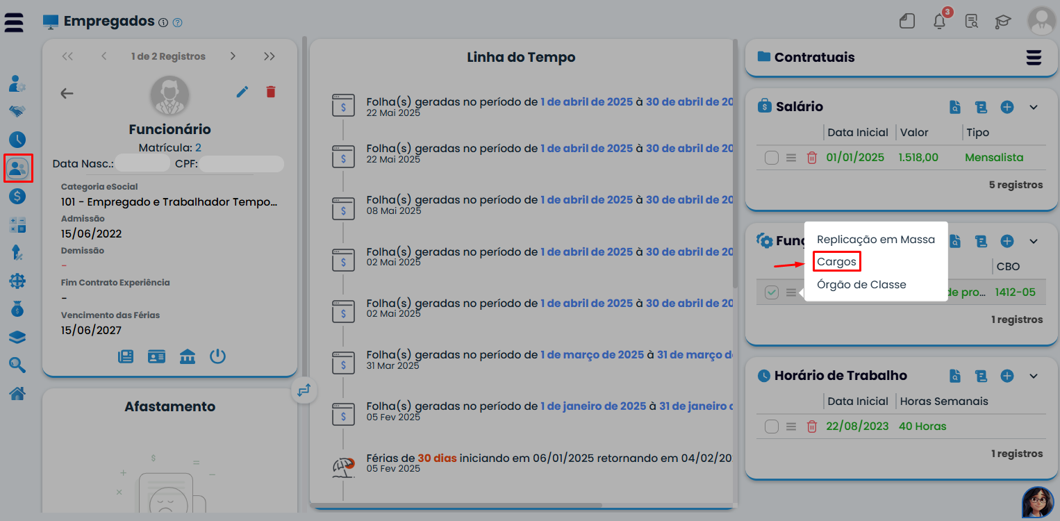 Tela de empregados do Sistema Contábil Makro, com menu Funções aberto e opção Cargos destacada para realizar o cadastro de cargo de confiança.