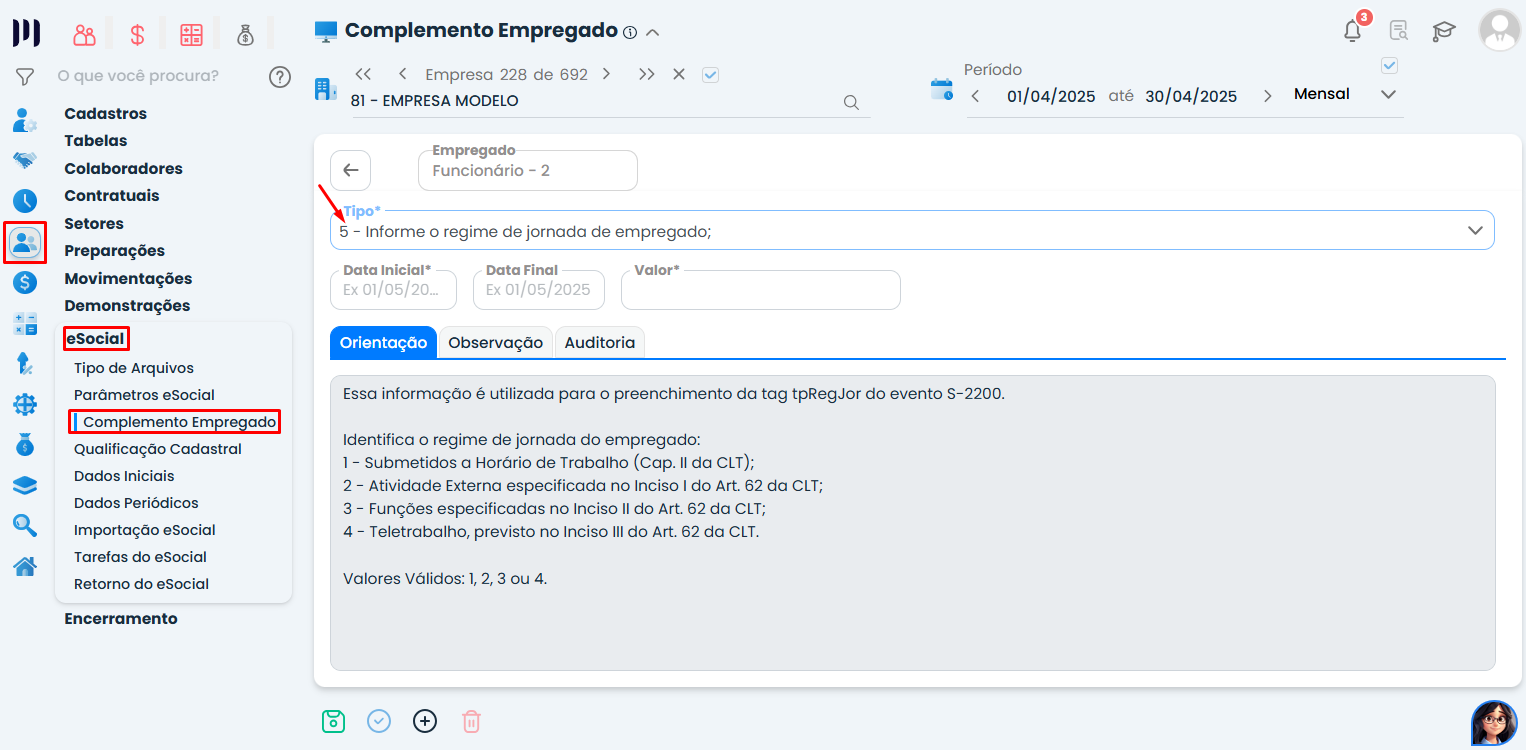 Tela do Sistema Contábil Makro com formulário de complemento do empregado no eSocial, utilizado para configurar o cadastro de cargo de confiança.