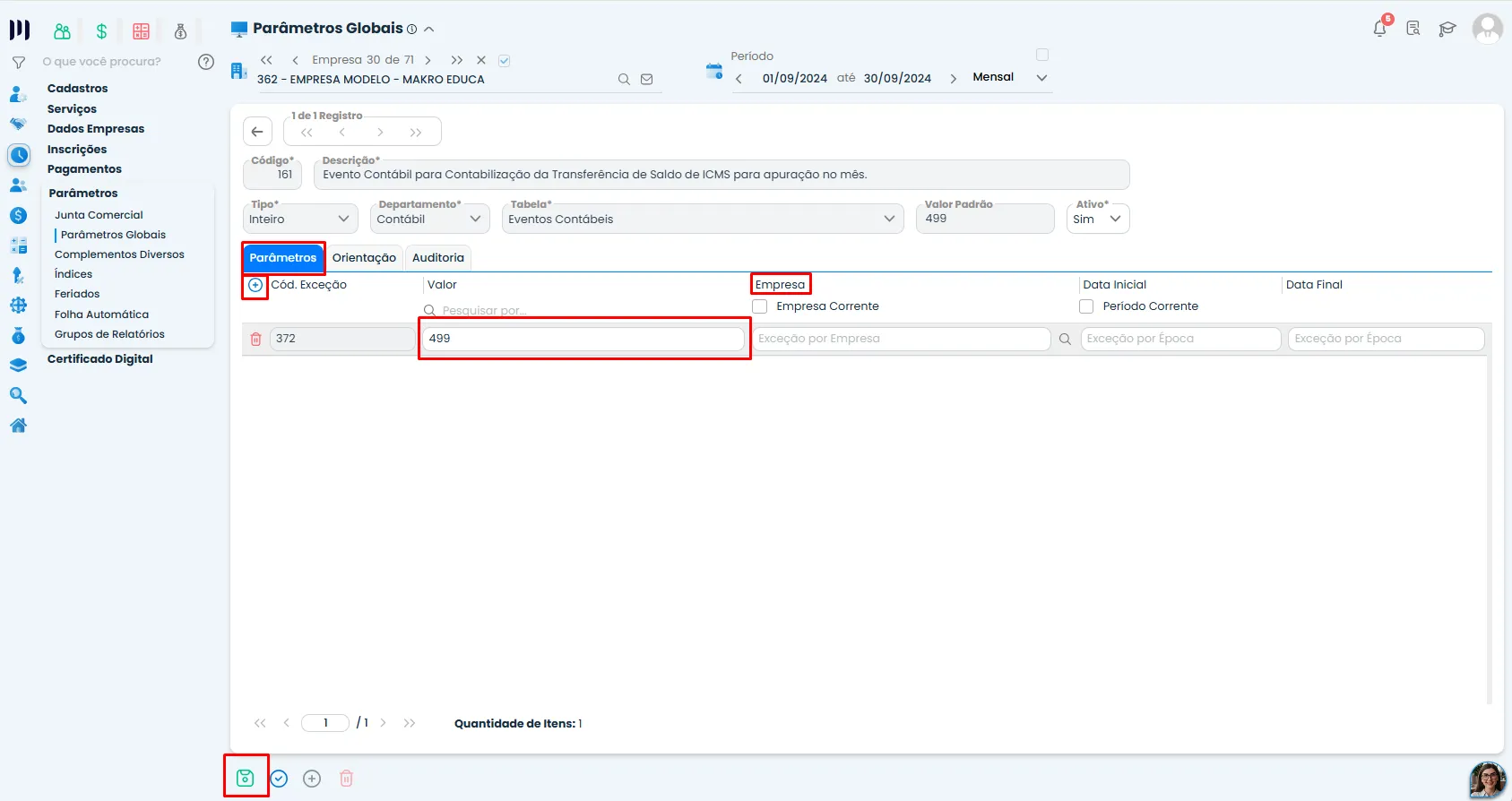 Tela do Sistema Contábil Makro com o Parâmetro 161 aberto, exibindo o campo Valor preenchido com o código interno e a opção de definir a empresa.