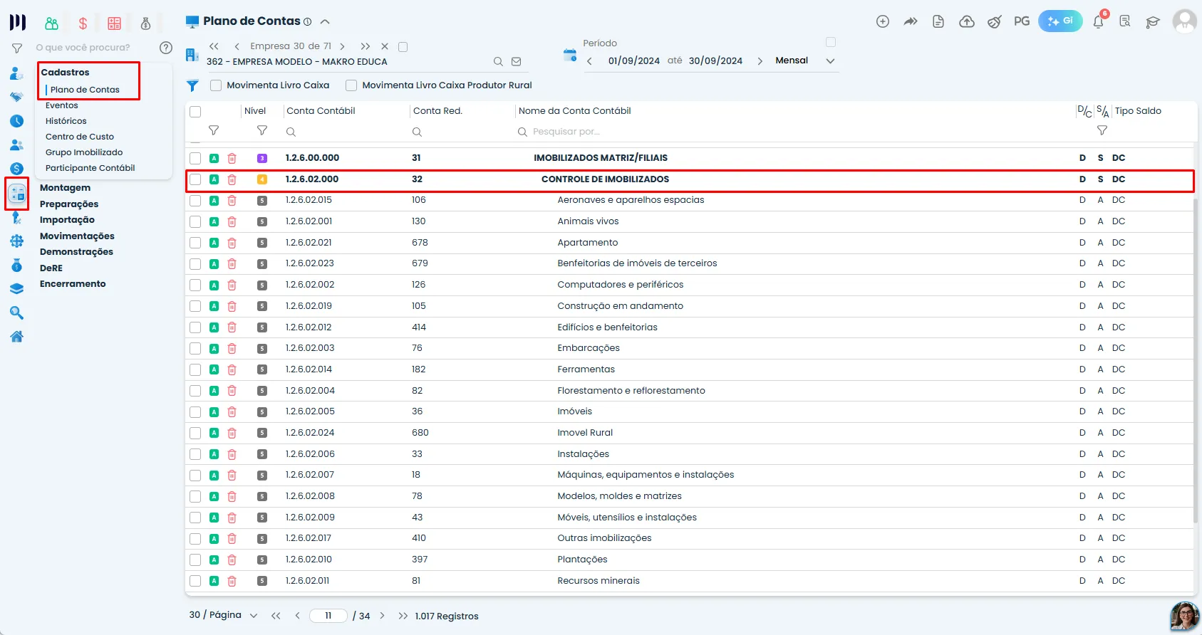Tela do Sistema Contábil Makro mostrando o Plano de Contas, com o grupo de Ativo Imobilizado destacado para configuração do Parâmetro 143.