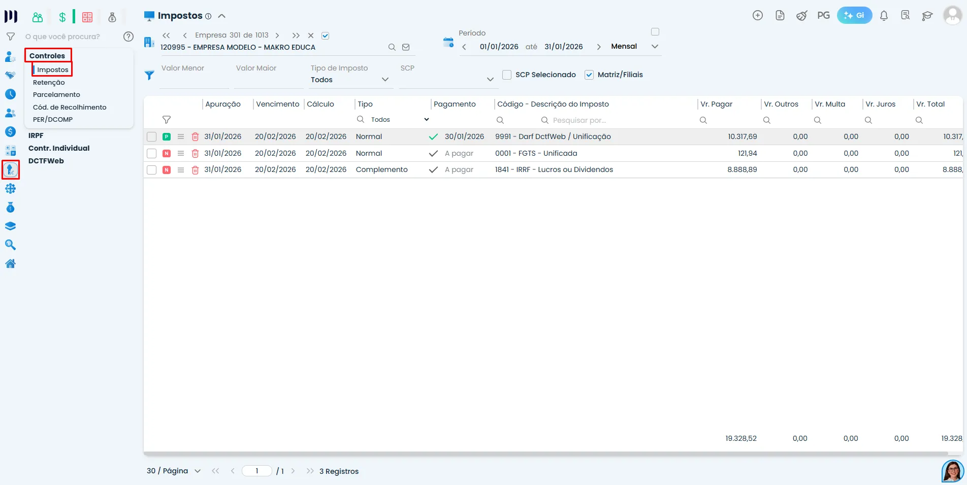 Tela do Sistema Contábil Makro com menu Controle de Impostos e valores tributários para consulta do IRRF referente à Distribuição de Lucros na DCTFWeb.