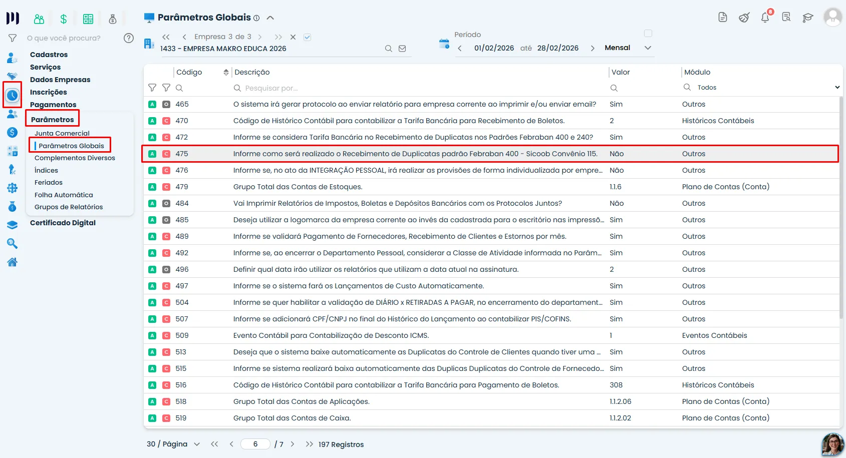 Tela de Parâmetros Globais do Sistema Contábil Makro destaca o Parâmetro 475 na lista, com código, descrição e valor configurado como Não.