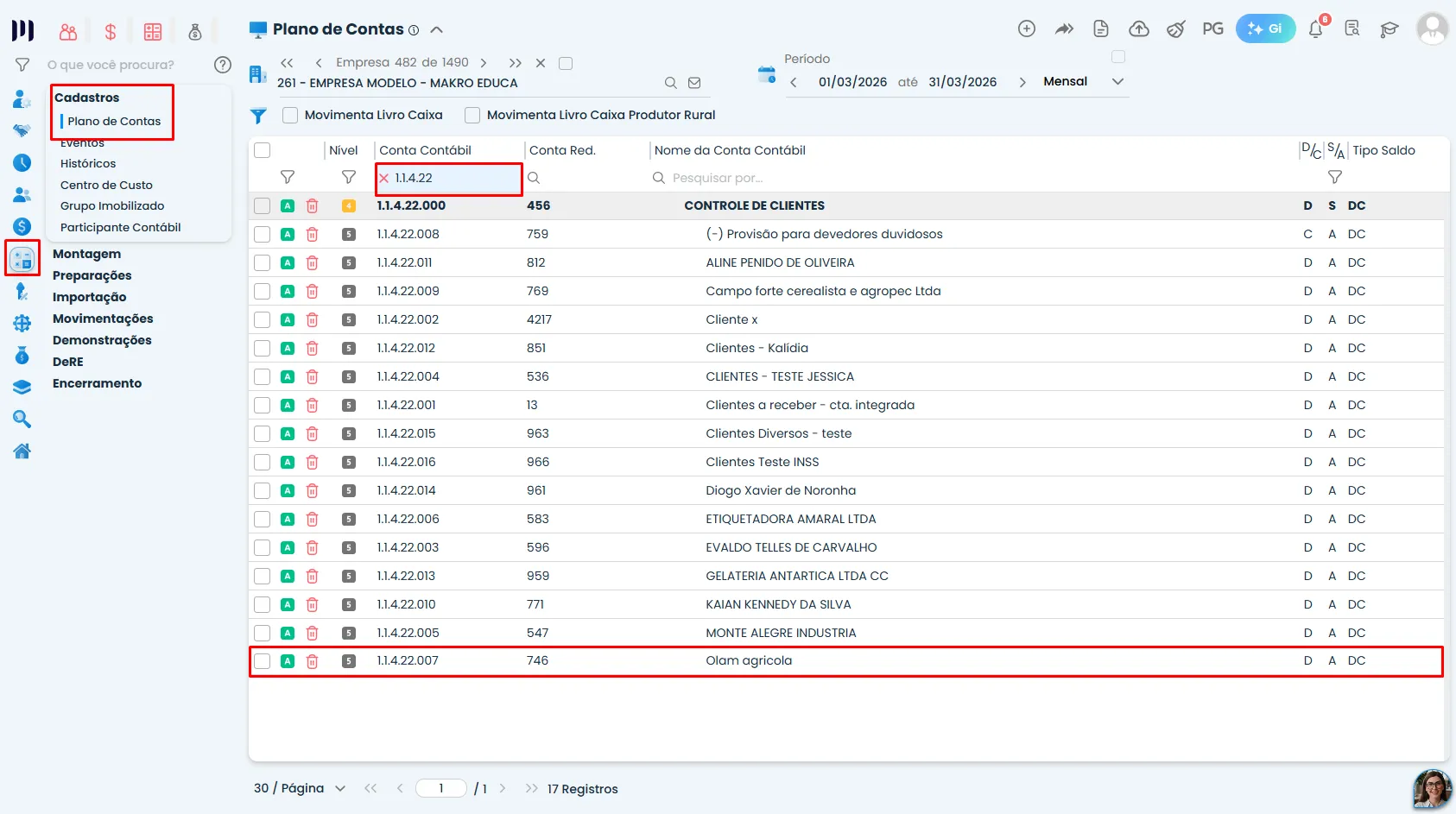 Tela do Plano de Contas do Sistema Contábil Makro com grupo de controle e contas individuais destacadas para Contabilização de Clientes.