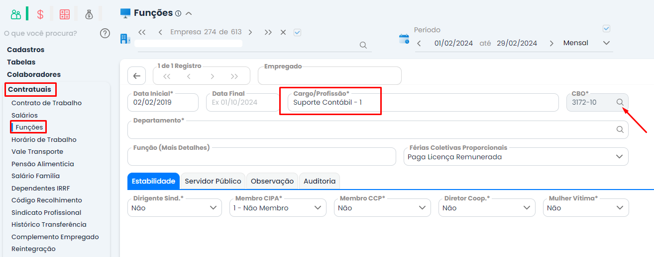 Tela de Funções do Sistema Contábil Makro com campos Cargo/Profissão e CBO destacados em vermelho para corrigir o erro esocial 252 CBO inválido.
