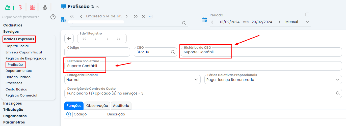 Tela de Profissão do Sistema Contábil Makro com campos de CBO e histórico destacados em vermelho para verificar e corrigir o erro esocial 252 CBO inválido.