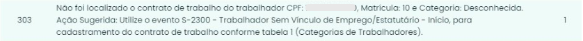 Captura do erro 303 no eSocial, com aviso Contrato de Trabalho Não Localizado e orientação de cadastro, no Sistema Contábil Makro.