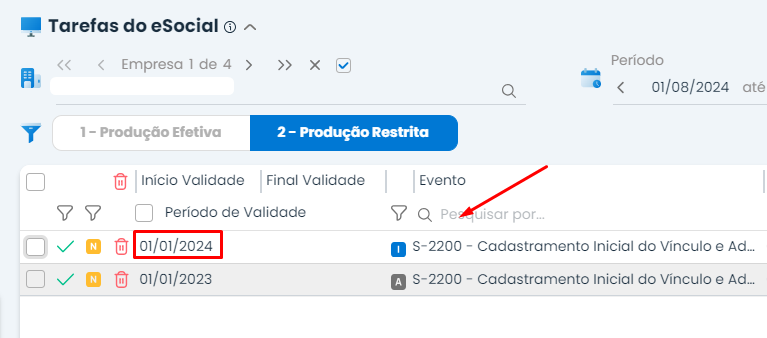 Tela de Tarefas do eSocial no Sistema Contábil Makro, com evento S-2200 e data destacada para verificar Contrato de Trabalho Não Localizado.