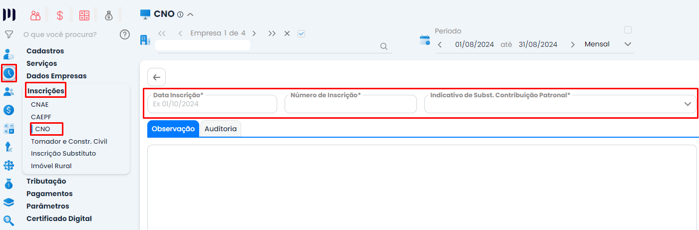 Tela do Sistema Contábil Makro com acesso ao cadastro de CNO, destacando os campos de inscrição e contribuição patronal para corrigir CNO Inconsistente.
