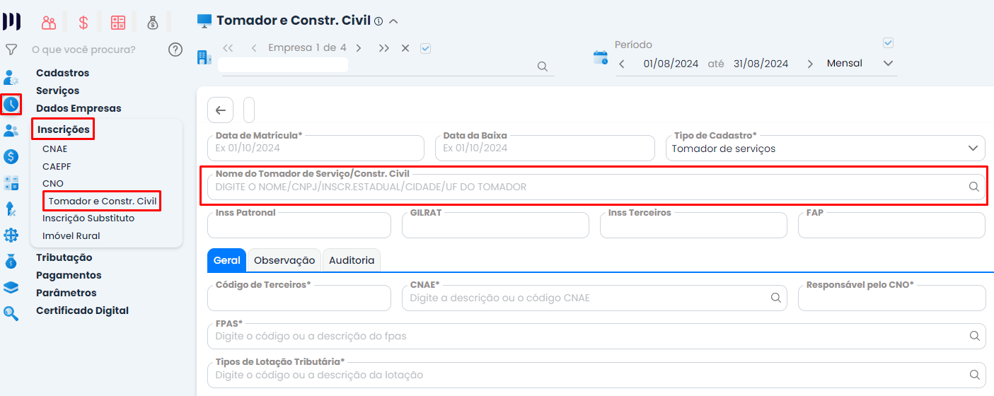Tela do Sistema Contábil Makro na rotina Tomador e Constr. Civil, destacando o campo de identificação do tomador para verificar CNO Inconsistente.