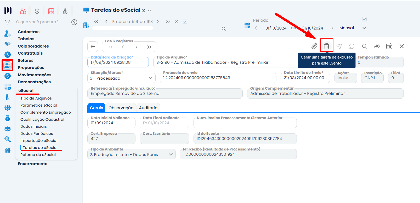 Tela do Sistema Contábil Makro com evento S-2190 e ícone de exclusão destacado para corrigir o erro Admissão Parcial sem Admissão no eSocial.