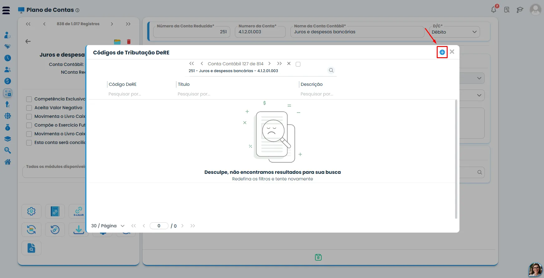 Janela do Sistema Contábil Makro com a listagem de Código de Tributação da DeRE vazia e botão destacado para incluir um novo registro.