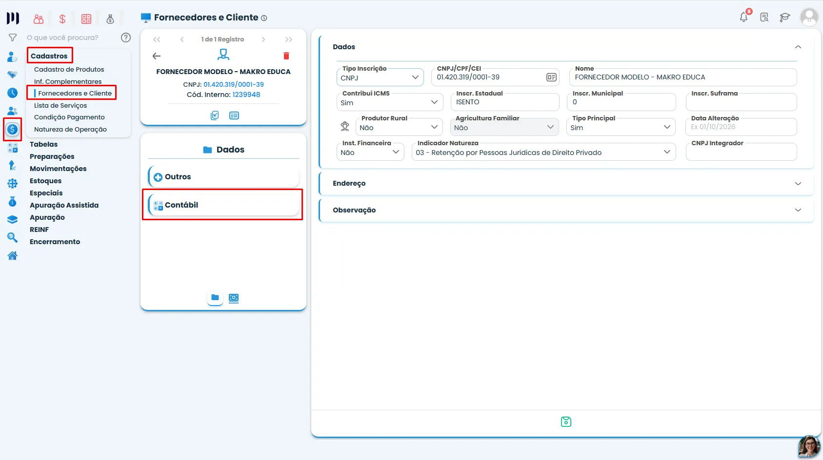 Tela de cadastro de fornecedores do Sistema Contábil Makro com aba Contábil destacada para vincular a Configuração de Contas Contábeis.
