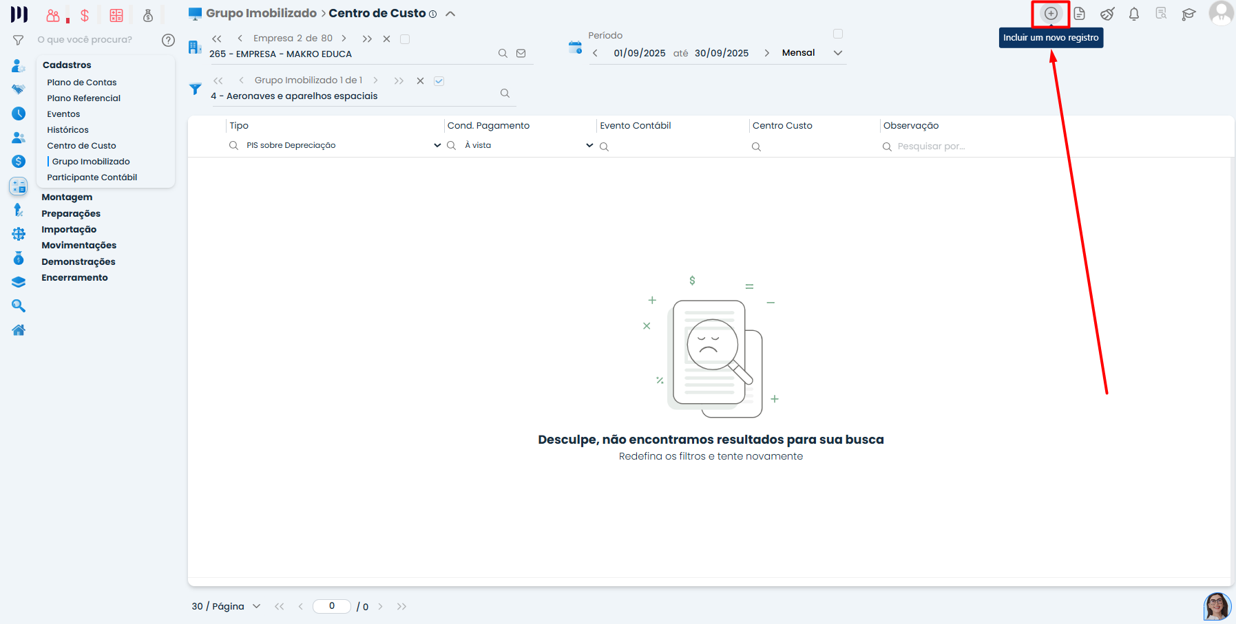 Tela do Sistema Contábil Makro com botão Incluir Novo Registro destacado para cadastrar Pis e Cofins sobre Depreciação no Centro de Custo.