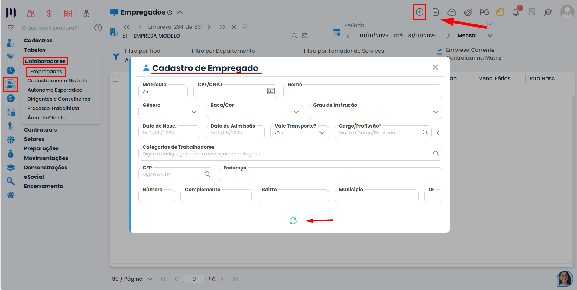 Tela de Cadastro de Empregado no Sistema Contábil Makro, com formulário de dados pessoais e destaque para iniciar o Cadastro de Contrato Determinado.
