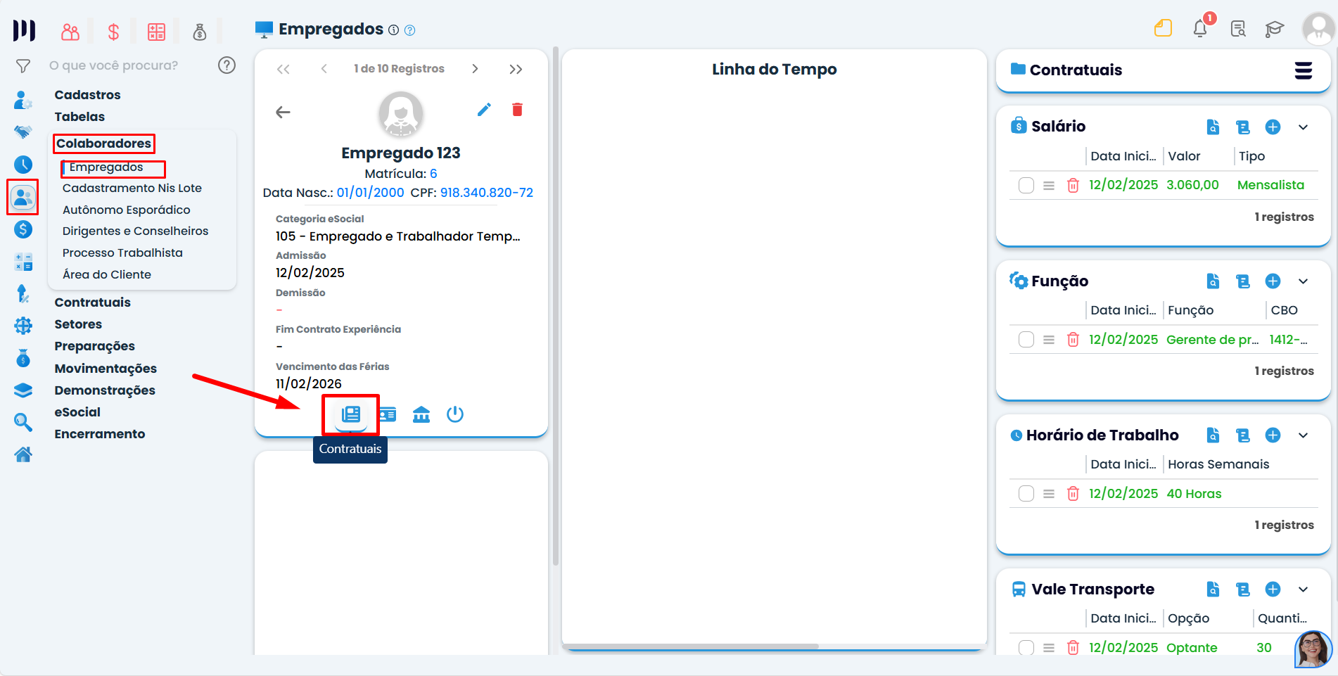 Painel de empregados do Sistema Contábil Makro, com ícone Contratuais destacado no perfil do colaborador para Cadastro de Contrato Determinado.