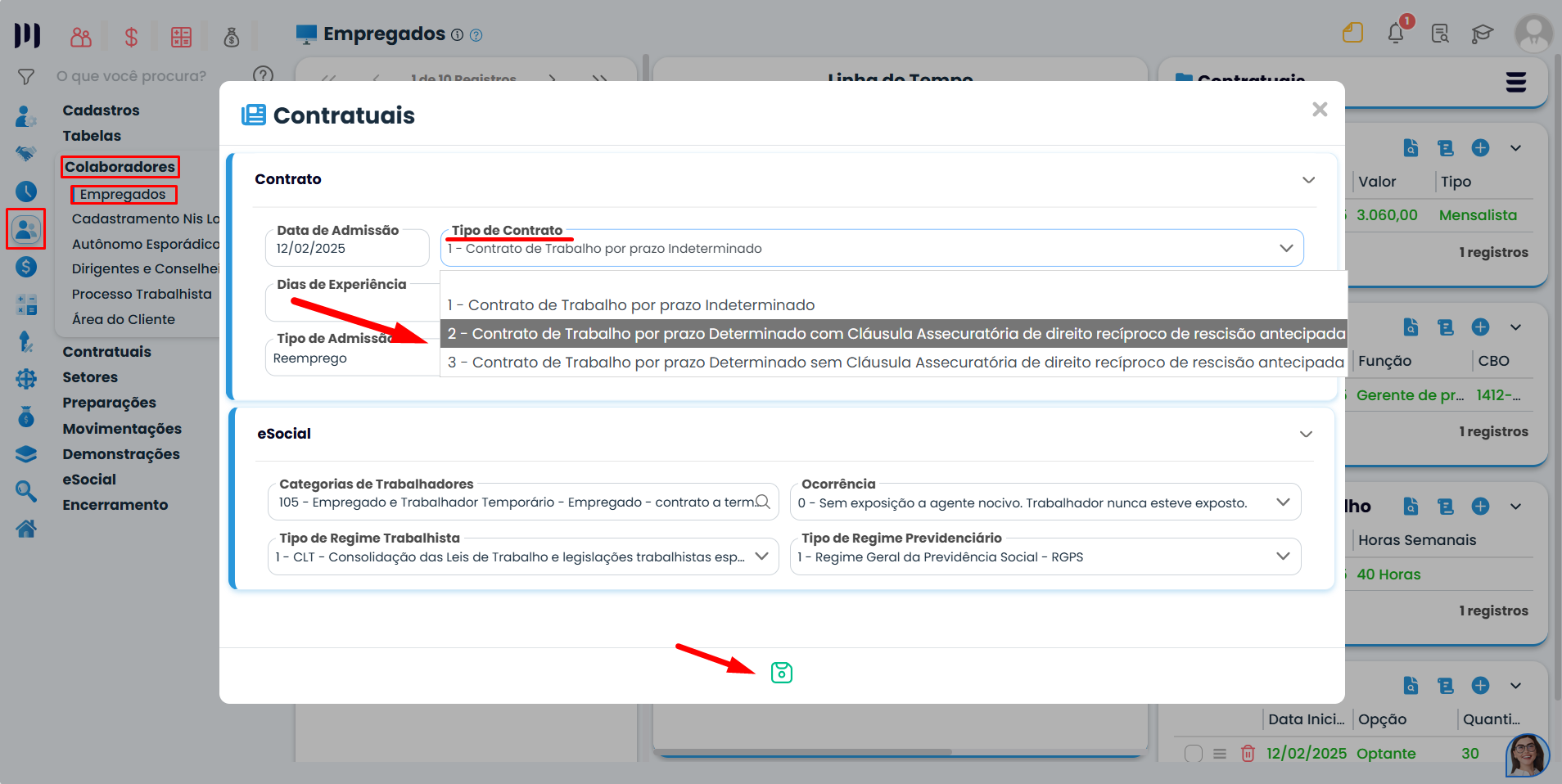 Janela Contratuais do Sistema Contábil Makro, com lista de tipos de vínculo e opções de prazo determinado para Cadastro de Contrato Determinado.