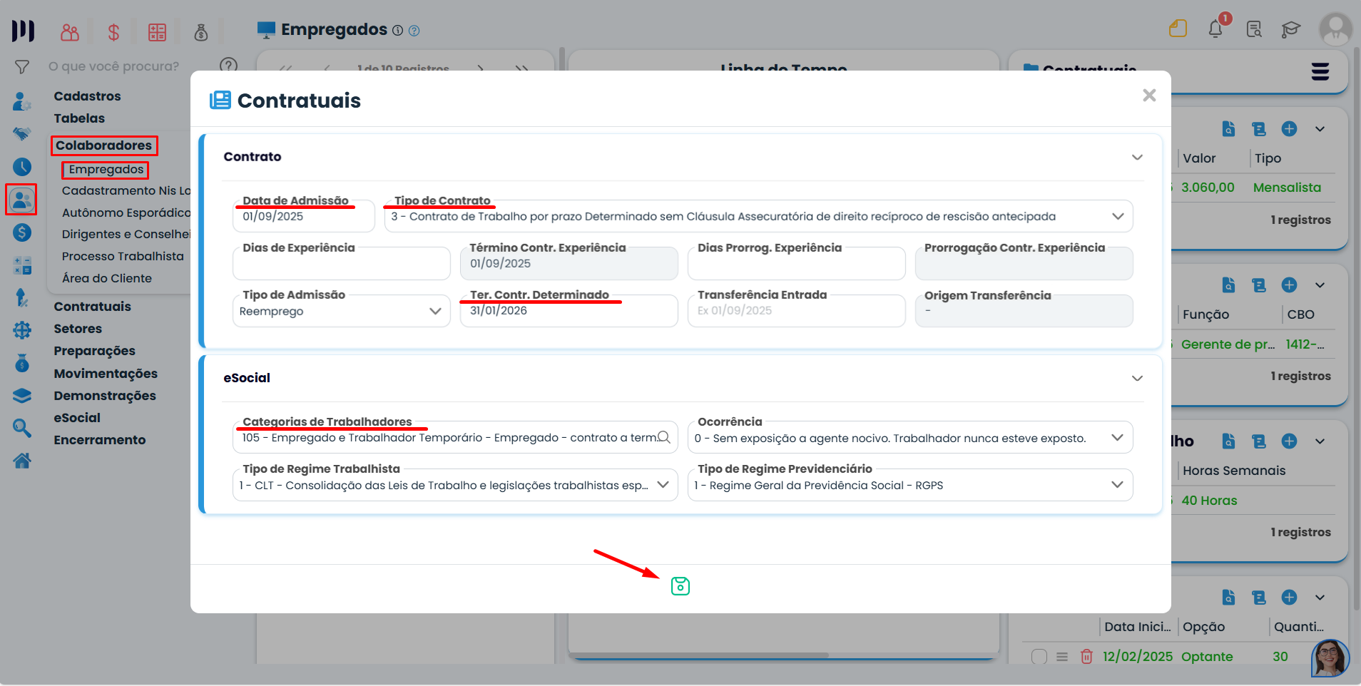 Formulário Contratuais do Sistema Contábil Makro, com tipo 3 selecionado, datas do contrato e botão Salvar no Cadastro de Contrato Determinado.