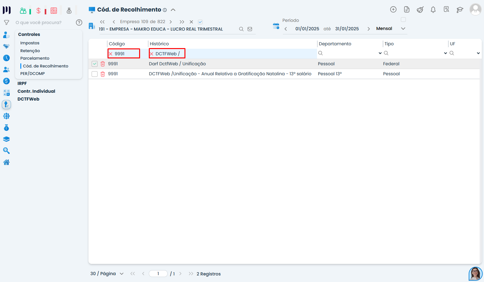 Tela do Sistema Contábil Makro com filtros de código de recolhimento e histórico destacados em vermelho para localizar o registro desejado.