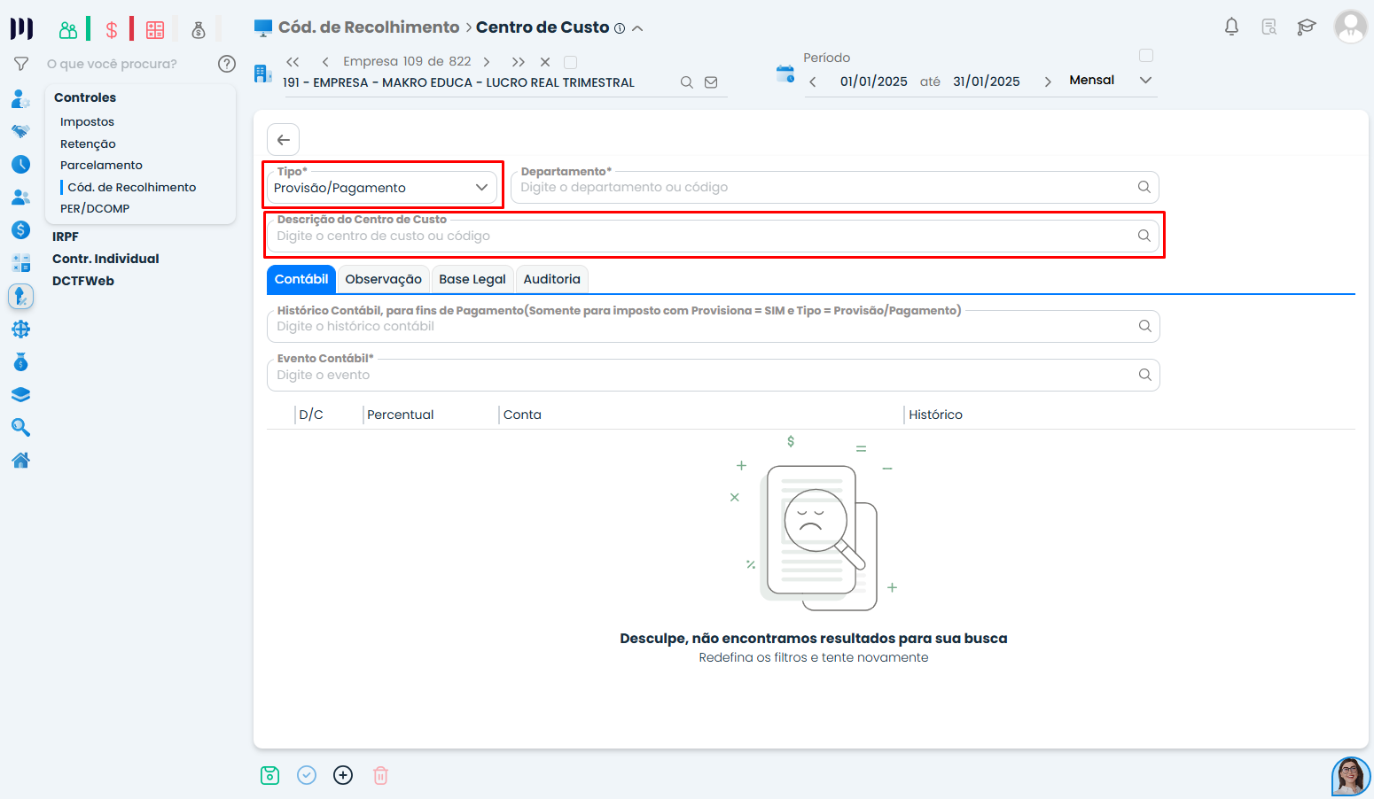 Tela do Sistema Contábil Makro com formulário de código de recolhimento, destacando os campos Tipo e Descrição do Centro de Custo para cadastro.