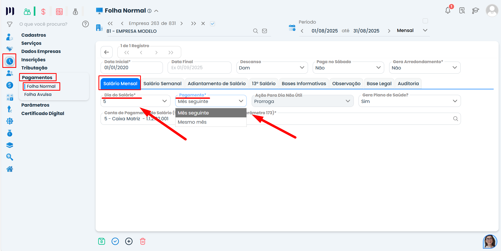 Tela do Sistema Contábil Makro com campos Salário e Pagamento destacados, mostrando as opções de mês para configurar a data de pagamento da folha.