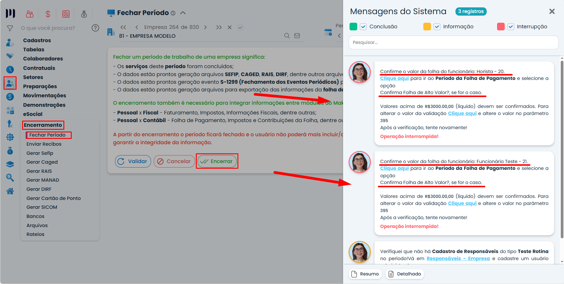 Captura do Sistema Contábil Makro mostrando mensagens de bloqueio da folha de alto valor, com alertas de validação e confirmação obrigatória.