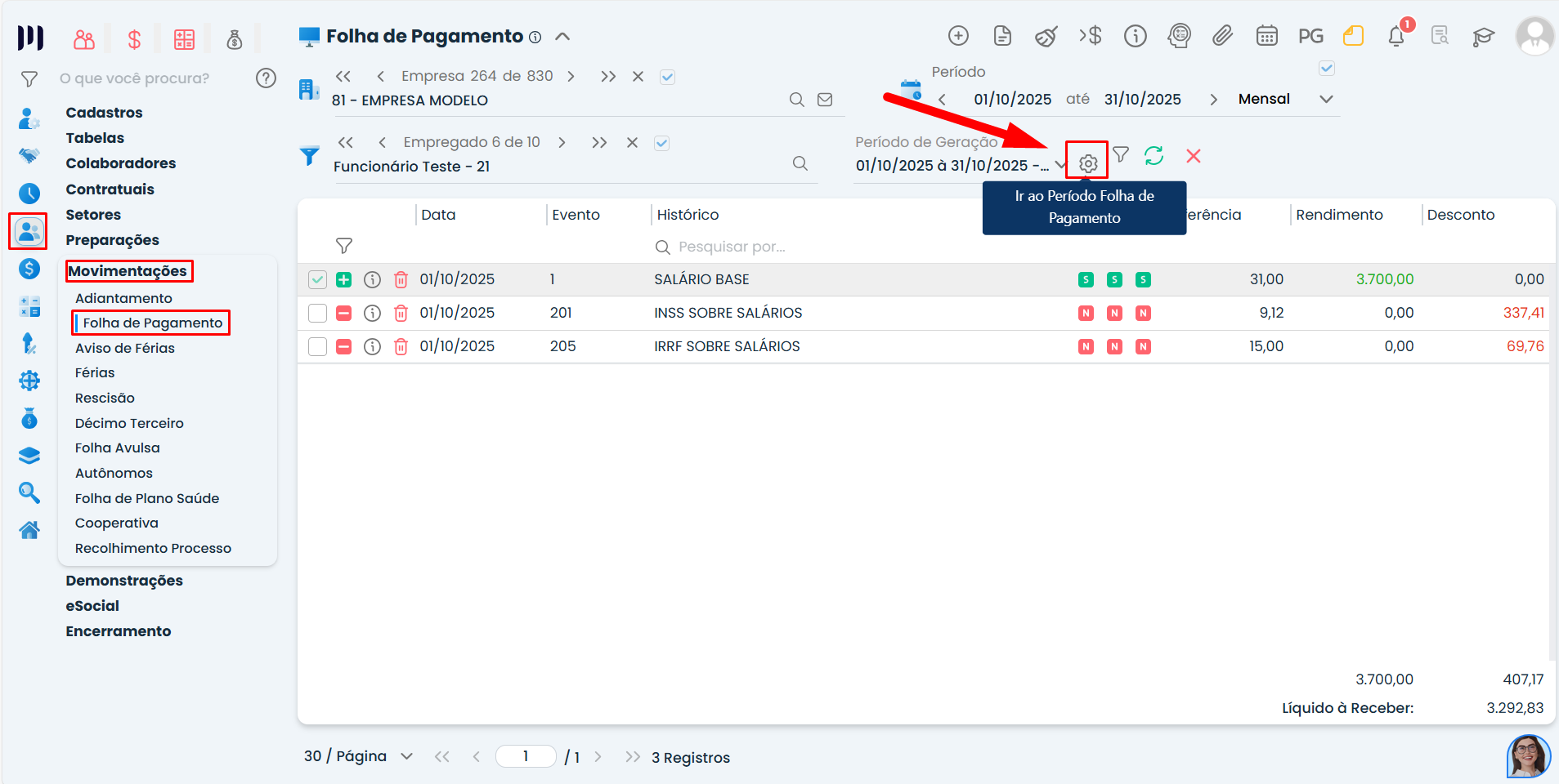 Tela do Sistema Contábil Makro exibindo o menu Folha de Pagamento e o ícone Ir ao Período, utilizado para acessar e confirmar a folha de alto valor.