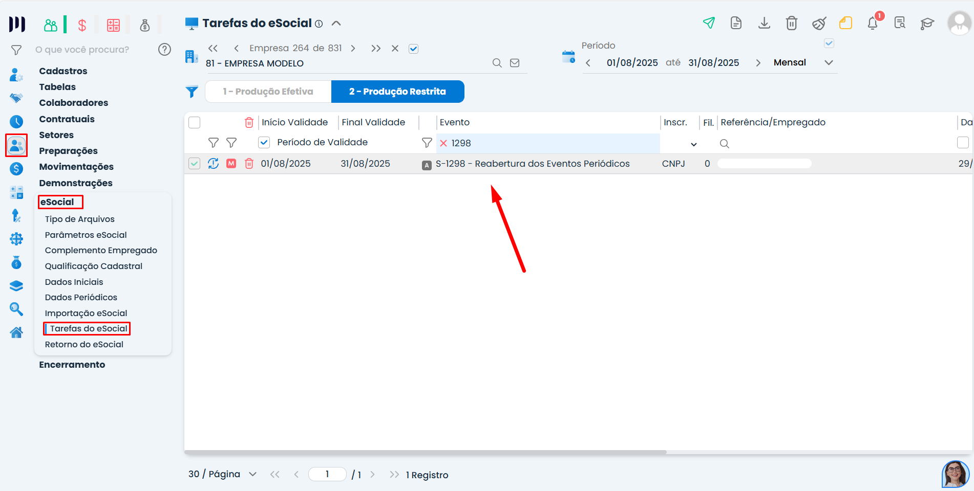 Tela do Sistema Contábil Makro com evento S-1298 destacado na lista do eSocial para corrigir Contribuições Previdenciárias na DCTFWeb.