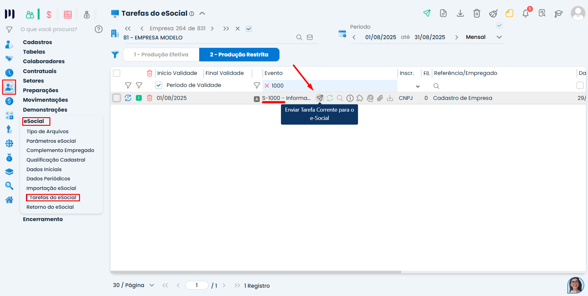 Tela do Sistema Contábil Makro com ação de envio do evento S-1000 destacada no eSocial para atualizar Contribuições Previdenciárias na DCTFWeb.