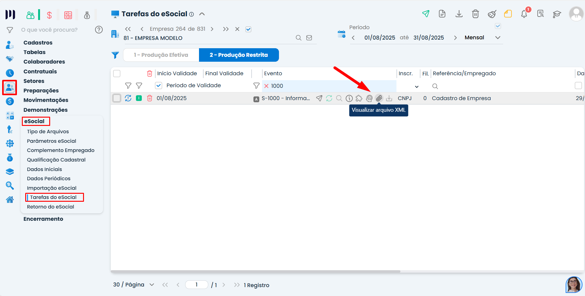 Tela do Sistema Contábil Makro com opção Visualizar arquivo XML destacada no evento S-1000 para conferir Contribuições Previdenciárias na DCTFWeb.