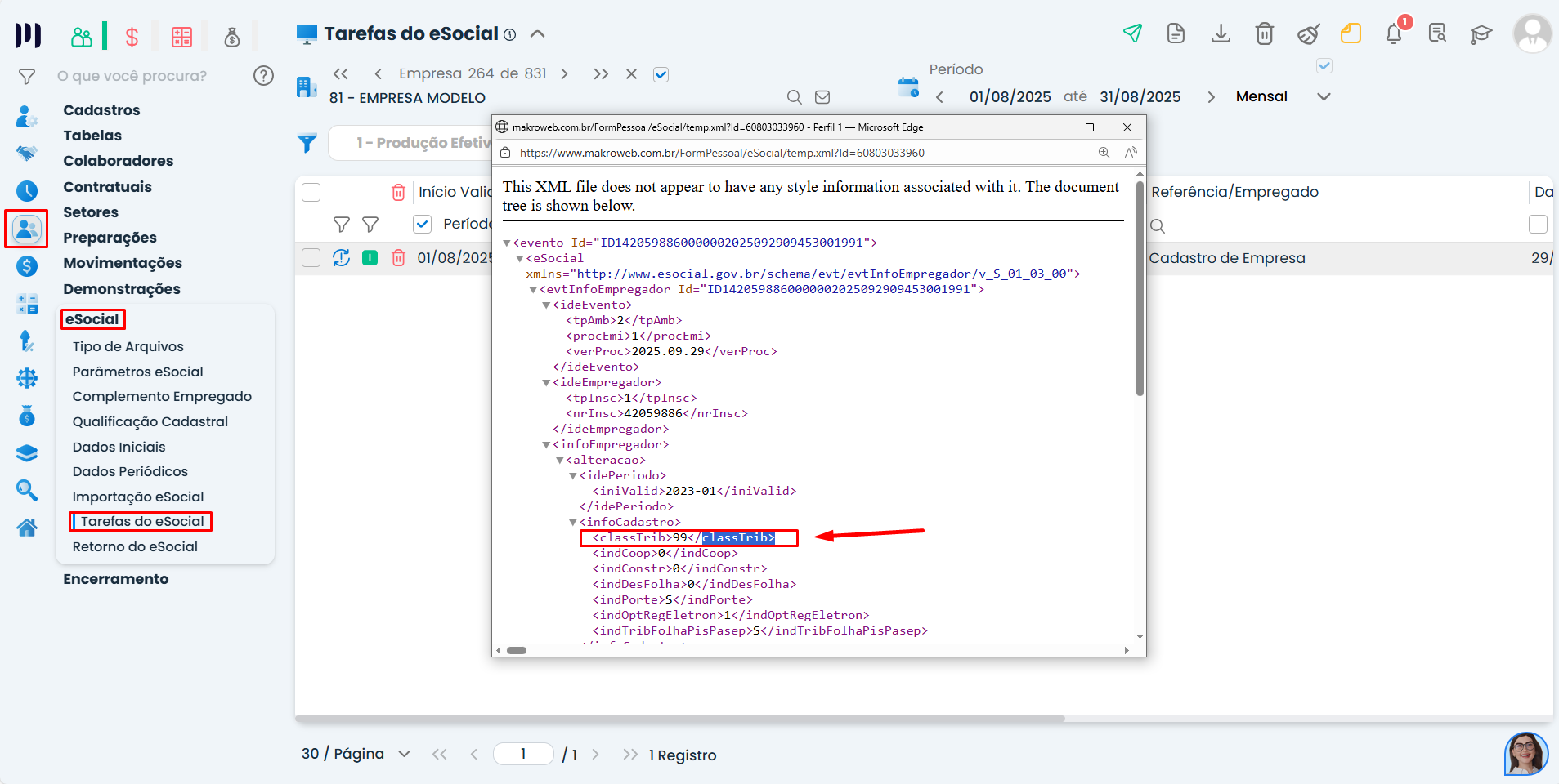 Tela do Sistema Contábil Makro com código classTrib destacado no XML do evento S-1000 para verificar Contribuições Previdenciárias na DCTFWeb.