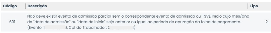 Tabela com código 691 e mensagem de erro Admissão Parcial sem Admissão no eSocial, apresentada em tela de validação do Sistema Contábil Makro.